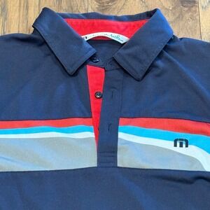 TravisMathew Navy Blue Performance Golf Polo Shirt Multi Color Stripe Size M